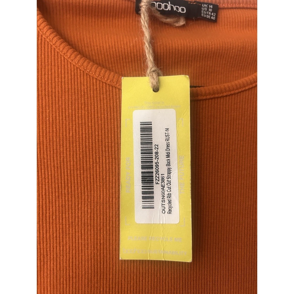 Boohoo Ribbed Cutout Back Midi Dress Rust Long Sleeve Bodycon US 10 NWT - Picture 3 of 8